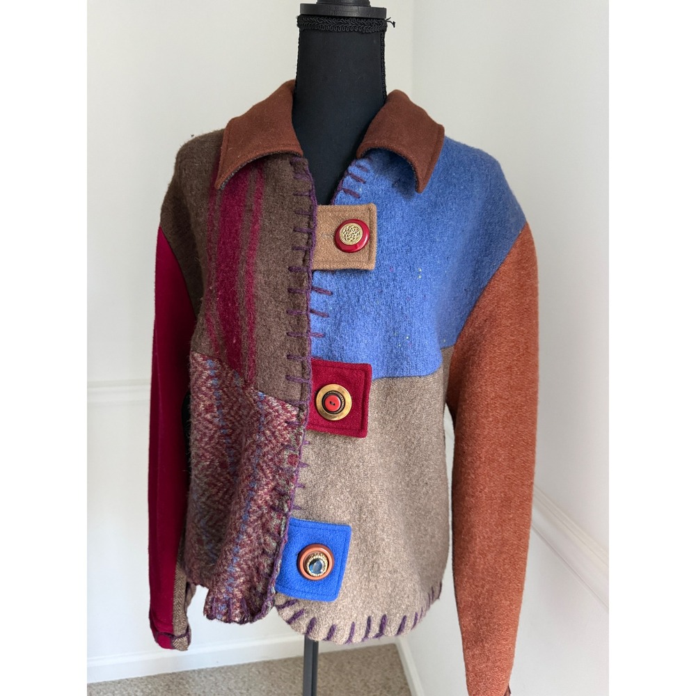 Baabaazuzu Vtg Wool Patchwork Jacket Boho Art‎ to Wear sz L eclectic Whimsygoth - Picture 12 of 12
